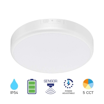 Stropna PANIK svjetiljka sa promjenom wataže 10W-15W-20W i boje 5CCT 2000lm fi280mm IP54 sa senzorom mikrovalova I baterijom okrugla BRAYTRON BC15-00580