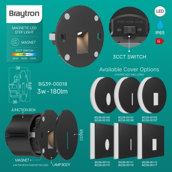 Zidna svjetiljka za stepenice 3W 3CCT 180lm IP65 fi79mm VEKSUS tijelo crna BRAYTRON BG39-00018