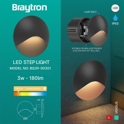 Zidna svjetiljka za stepenice 3W 3000K 180lm IP65 fi80mm VEKSUS okrugla crna BRAYTRON BG39-00301