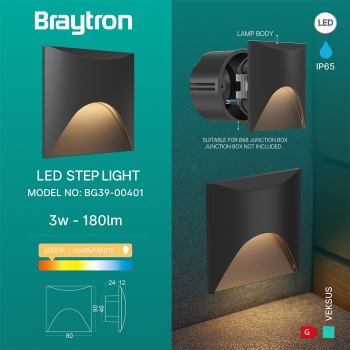 Zidna svjetiljka za stepenice 3W 3000K 180lm IP65 80x80x40mm VEKSUS kvadratna crna BRAYTRON BG39-00401