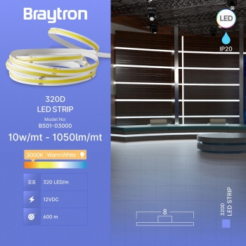 Traka LED COBLINE 10W/m 3000K 1050lm/m 320LED/m 12VDC IP20 BRAYTRON BS01-03000