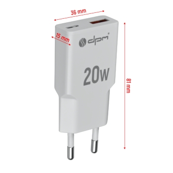 Punjač 2xUSB (A+C) QC 3.0, PD, PPS, 3 A, 20 W, bijeli DPM CLT20W