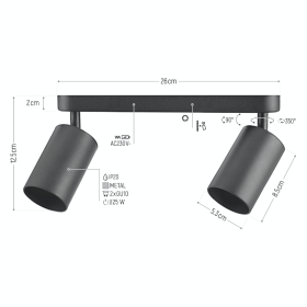 Stropna svjetiljka za 2xGU10 žarulju max 25W 260mm IP20 crna DPM SPT001-2