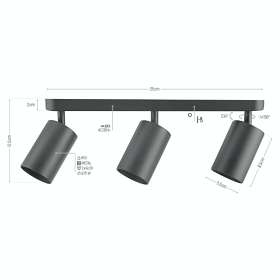 Stropna svjetiljka za 3xGU10 žarulju max 25W 350mm IP20 crna DPM SPT001-3