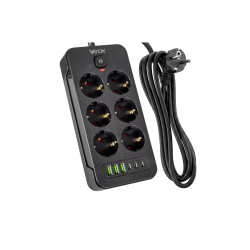 Prenosiva utičnica 6xSchuko sa prekidačem 10A, 3xUSB-A, 3xUSB-C, crna, kabel 2m VA0465B-2
