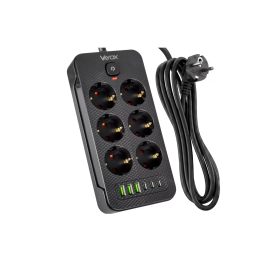 Prenosiva utičnica 6xSchuko sa prekidačem 10A, 3xUSB-A, 3xUSB-C, crna, kabel 2m VA0465B-2