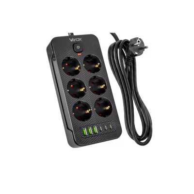 Prenosiva utičnica 6xSchuko sa prekidačem 10A, 3xUSB-A, 3xUSB-C, crna, kabel 2m VA0465B-2