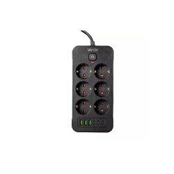 Prenosiva utičnica 6xSchuko sa prekidačem 10A, 3xUSB-A, 3xUSB-C, crna, kabel 2m VA0465B-2