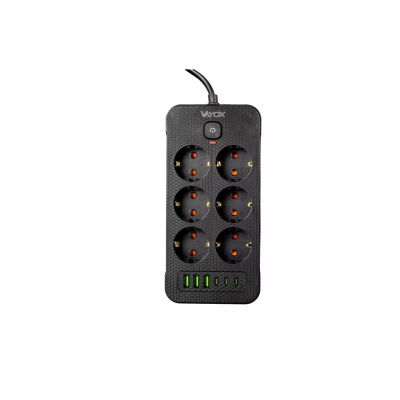 Prenosiva utičnica 6xSchuko sa prekidačem 10A, 3xUSB-A, 3xUSB-C, crna, kabel 2m VA0465B-2