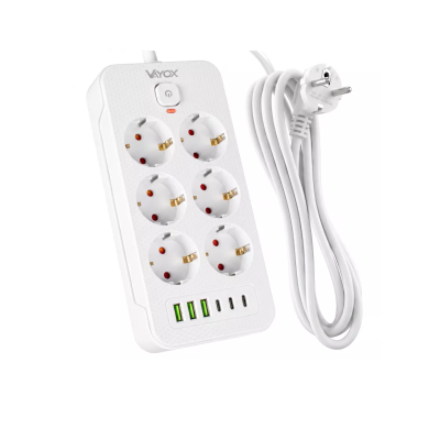 Prenosiva utičnica 6xSchuko sa prekidačem 10A, 3xUSB-A, 3xUSB-C, bijela, kabel 2m VA0465W-2