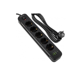Prenosiva utičnica 5xSchuko sa prekidačem 10A, 2xUSB-A, 1xUSB-C, crna, kabel 1,5m VA0466B-1,5