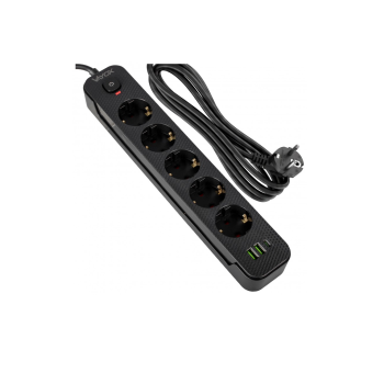 Prenosiva utičnica 5xSchuko sa prekidačem 10A, 2xUSB-A, 1xUSB-C, crna, kabel 1,5m VA0466B-1,5