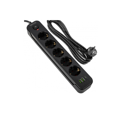 Prenosiva utičnica 5xSchuko sa prekidačem 10A, 2xUSB-A, 1xUSB-C, crna, kabel 1,5m VA0466B-1,5