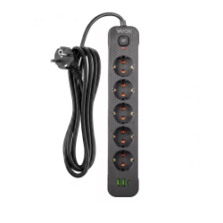 Prenosiva utičnica 5xSchuko sa prekidačem 10A, 2xUSB-A, 1xUSB-C, crna, kabel 1,5m VA0466B-1,5