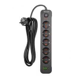 Prenosiva utičnica 5xSchuko sa prekidačem 10A, 2xUSB-A, 1xUSB-C, crna, kabel 1,5m VA0466B-1,5
