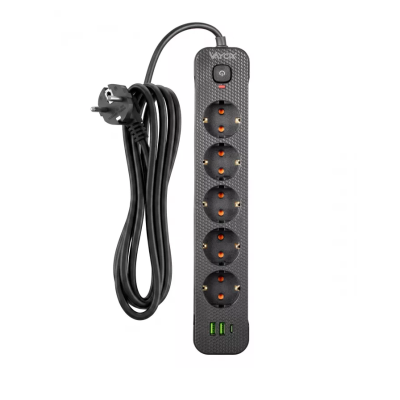 Prenosiva utičnica 5xSchuko sa prekidačem 10A, 2xUSB-A, 1xUSB-C, crna, kabel 1,5m VA0466B-1,5