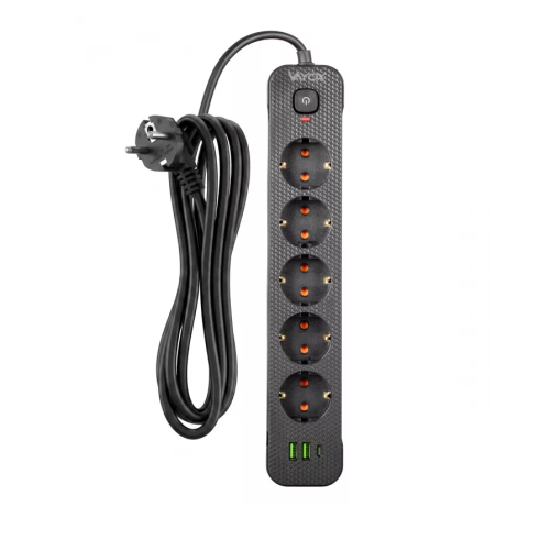 Prenosiva utičnica 5xSchuko sa prekidačem 10A, 2xUSB-A, 1xUSB-C, crna, kabel 1,5m VA0466B-1,5 Prenosiva utičnica 5xSchuko sa prekidačem 10A, 2xUSB-A, 1xUSB-C, crna, kabel 1,5m VA0466B-1,5