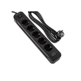 Prenosiva utičnica 5xSchuko sa prekidačem 10A, 2xUSB-A, 1xUSB-C, crna, kabel 3m VA0466B-3