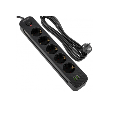 Prenosiva utičnica 5xSchuko sa prekidačem 10A, 2xUSB-A, 1xUSB-C, crna, kabel 3m VA0466B-3