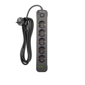 Prenosiva utičnica 5xSchuko sa prekidačem 10A, 2xUSB-A, 1xUSB-C, crna, kabel 3m VA0466B-3