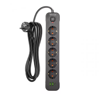Prenosiva utičnica 5xSchuko sa prekidačem 10A, 2xUSB-A, 1xUSB-C, crna, kabel 3m VA0466B-3