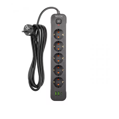 Prenosiva utičnica 5xSchuko sa prekidačem 10A, 2xUSB-A, 1xUSB-C, crna, kabel 3m VA0466B-3