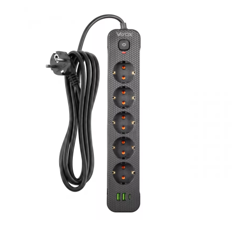 Prenosiva utičnica 5xSchuko sa prekidačem 10A, 2xUSB-A, 1xUSB-C, crna, kabel 3m VA0466B-3 Prenosiva utičnica 5xSchuko sa prekidačem 10A, 2xUSB-A, 1xUSB-C, crna, kabel 3m VA0466B-3