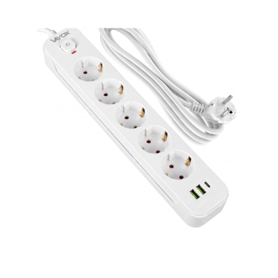 Prenosiva utičnica 5xSchuko sa prekidačem 10A, 2xUSB-A, 1xUSB-C, bijela, kabel 1,5m VA0466W-1,5