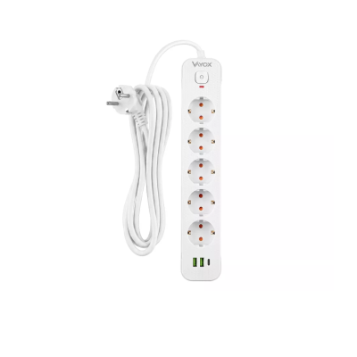 Prenosiva utičnica 5xSchuko sa prekidačem 10A, 2xUSB-A, 1xUSB-C, bijela, kabel 1,5m VA0466W-1,5