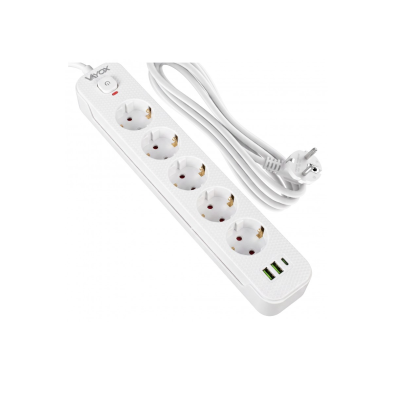 Prenosiva utičnica 5xSchuko sa prekidačem 10A, 2xUSB-A, 1xUSB-C, bijela, kabel 3m VA0466W-3