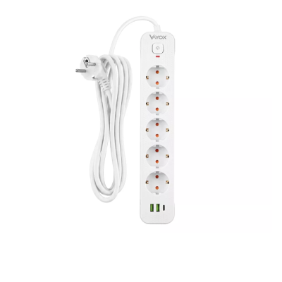 Prenosiva utičnica 5xSchuko sa prekidačem 10A, 2xUSB-A, 1xUSB-C, bijela, kabel 3m VA0466W-3