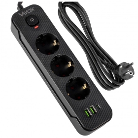 Prenosiva utičnica 3xSchuko sa prekidačem 10A, 2xUSB-A, 1xUSB-C, crna, kabel 1,5m VA0467B-1,5