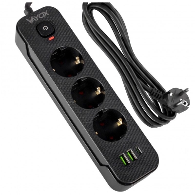 Prenosiva utičnica 3xSchuko sa prekidačem 10A, 2xUSB-A, 1xUSB-C, crna, kabel 1,5m VA0467B-1,5