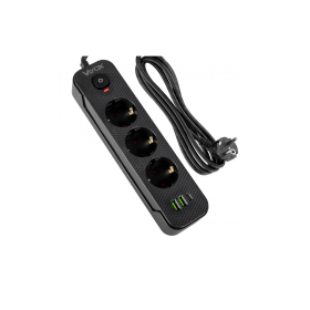 Prenosiva utičnica 3xSchuko sa prekidačem 10A, 2xUSB-A, 1xUSB-C, crna, kabel 3m VA0467B-3