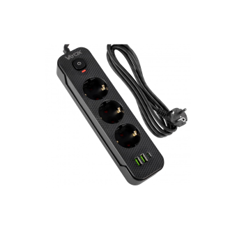 Prenosiva utičnica 3xSchuko sa prekidačem 10A, 2xUSB-A, 1xUSB-C, crna, kabel 3m VA0467B-3