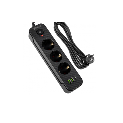Prenosiva utičnica 3xSchuko sa prekidačem 10A, 2xUSB-A, 1xUSB-C, crna, kabel 3m VA0467B-3