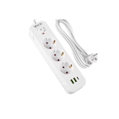 Prenosiva utičnica 3xSchuko sa prekidačem 10A, 2xUSB-A, 1xUSB-C, bijela, kabel 3m VA0467W-3
