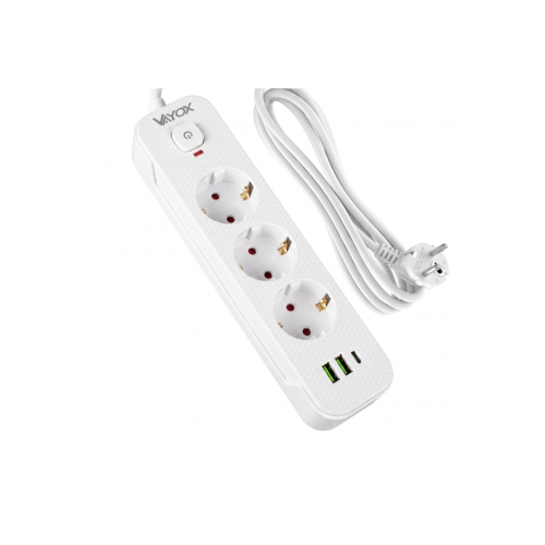 Prenosiva utičnica 3xSchuko sa prekidačem 10A, 2xUSB-A, 1xUSB-C, bijela, kabel 3m VA0467W-3 Prenosiva utičnica 3xSchuko sa prekidačem 10A, 2xUSB-A, 1xUSB-C, bijela, kabel 3m VA0467W-3