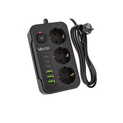 Prenosiva utičnica 3xSchuko sa prekidačem 10A, 3xUSB-A, 3xUSB-C, crna, kabel 2m VA0468B-2
