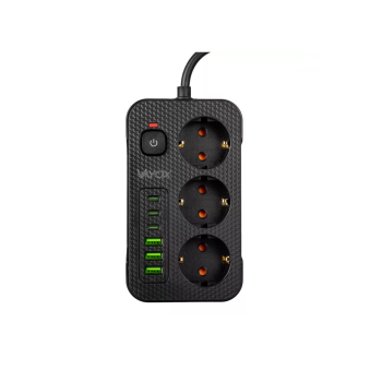 Prenosiva utičnica 3xSchuko sa prekidačem 10A, 3xUSB-A, 3xUSB-C, crna, kabel 2m VA0468B-2