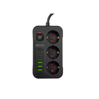 Prenosiva utičnica 3xSchuko sa prekidačem 10A, 3xUSB-A, 3xUSB-C, crna, kabel 2m VA0468B-2