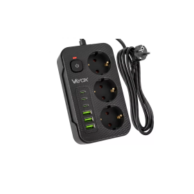 Prenosiva utičnica 3xSchuko sa prekidačem 10A, 3xUSB-A, 3xUSB-C, crna, kabel 3m VA0468B-3
