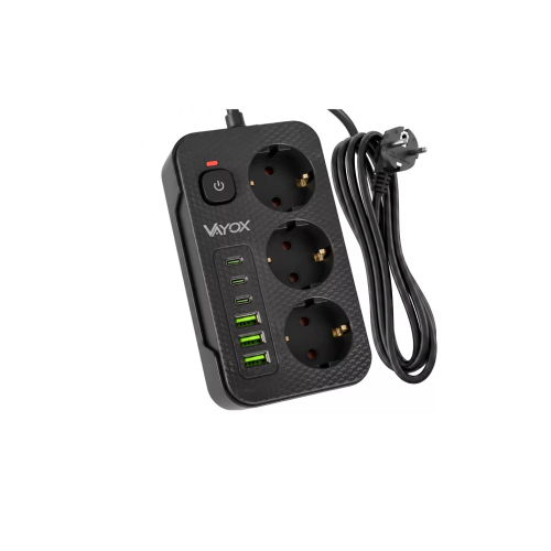 Prenosiva utičnica 3xSchuko sa prekidačem 10A, 3xUSB-A, 3xUSB-C, crna, kabel 3m VA0468B-3 Prenosiva utičnica 3xSchuko sa prekidačem 10A, 3xUSB-A, 3xUSB-C, crna, kabel 3m VA0468B-3