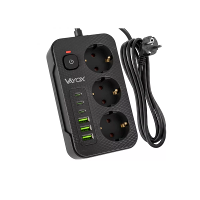Prenosiva utičnica 3xSchuko sa prekidačem 10A, 3xUSB-A, 3xUSB-C, crna, kabel 5m VA0468B-5
