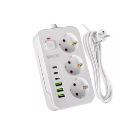 Prenosiva utičnica 3xSchuko sa prekidačem 10A, 3xUSB-A, 3xUSB-C, bijela, kabel 3m VA0468W-3