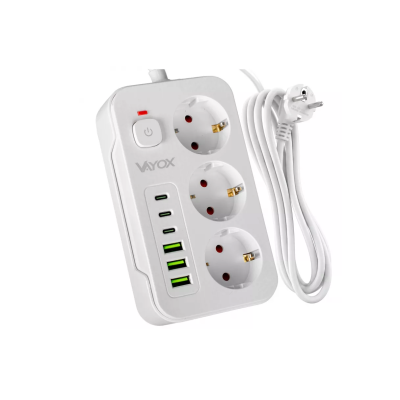 Prenosiva utičnica 3xSchuko sa prekidačem 10A, 3xUSB-A, 3xUSB-C, bijela, kabel 3m VA0468W-3