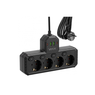 Prenosiva utičnica 4xSchuko sa prekidačem 10A, 2xUSB-A, 2xUSB-C, crna, kabel 2m VA0469B-2