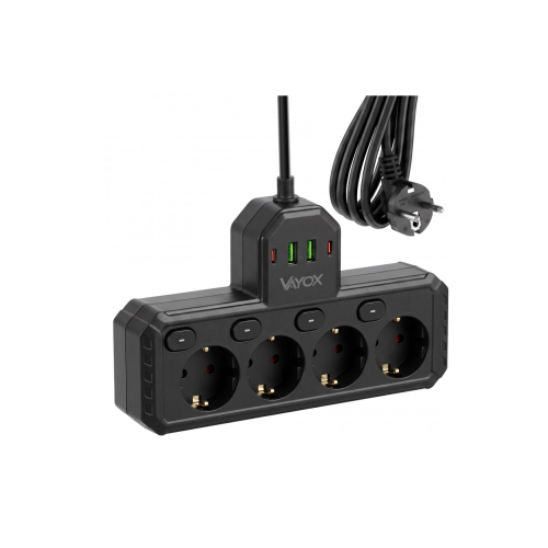 Prenosiva utičnica 4xSchuko sa prekidačem 10A, 2xUSB-A, 2xUSB-C, crna, kabel 2m VA0469B-2 Prenosiva utičnica 4xSchuko sa prekidačem 10A, 2xUSB-A, 2xUSB-C, crna, kabel 2m VA0469B-2