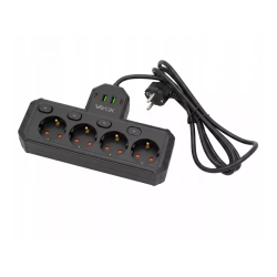 Prenosiva utičnica 4xSchuko sa prekidačem 10A, 2xUSB-A, 2xUSB-C, crna, kabel 2m VA0469B-2