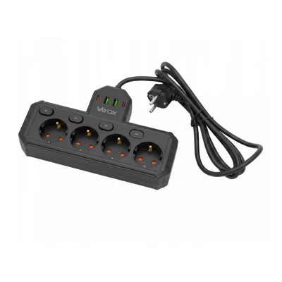 Prenosiva utičnica 4xSchuko sa prekidačem 10A, 2xUSB-A, 2xUSB-C, crna, kabel 2m VA0469B-2
